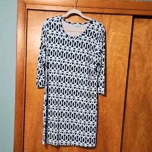 Geometric Patterned Blue and White Dress By ANTHONYS  3/4  Sleeved